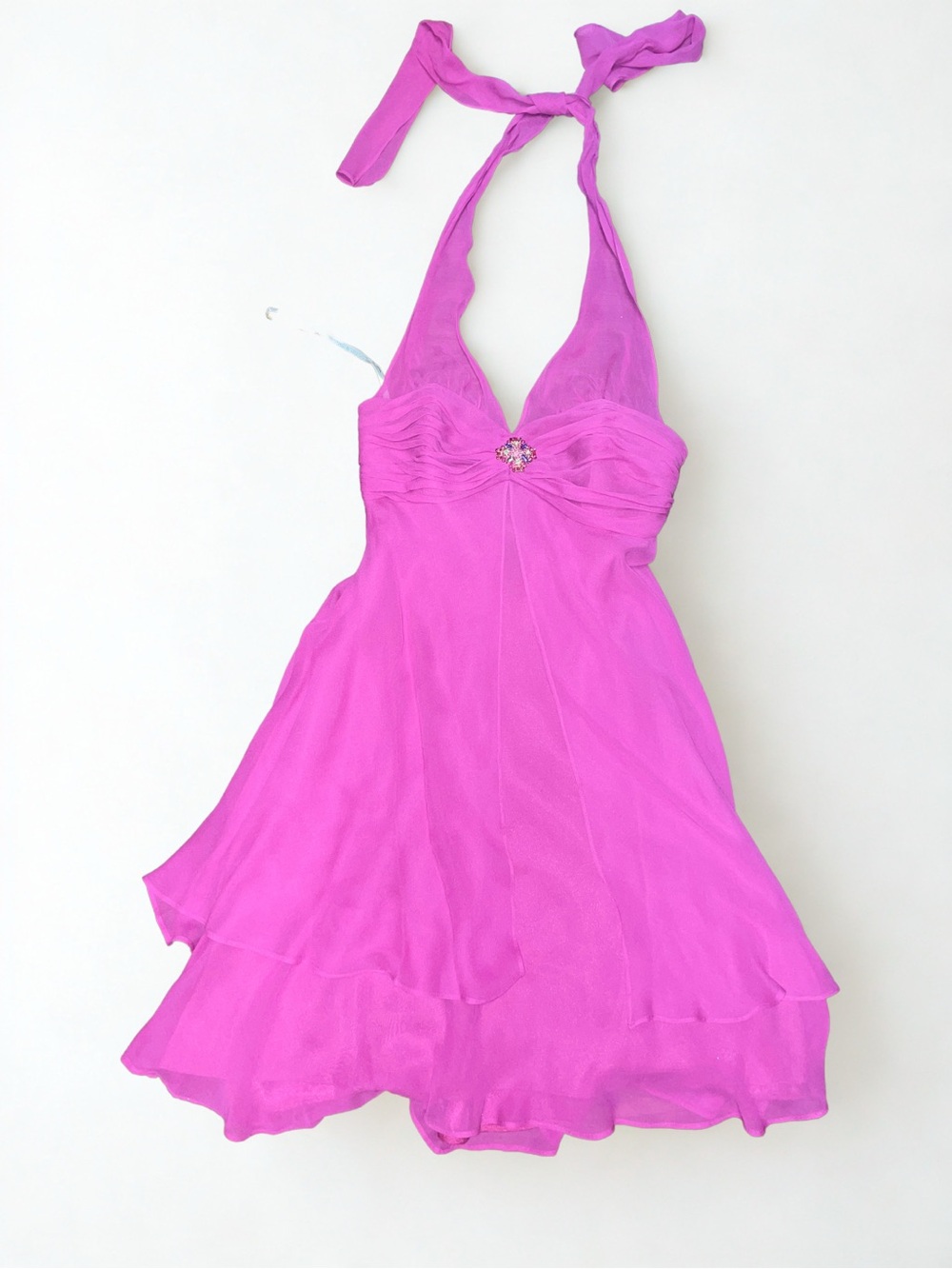 Vintage Y2K Halter Neck Chiffon Party Dress in Fuchsia Pink